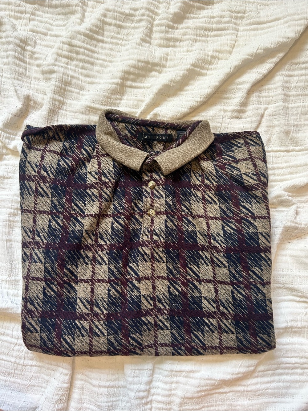 M.S. Port Men’s Plaid Short-Sleeve Polo in Navy and Beige